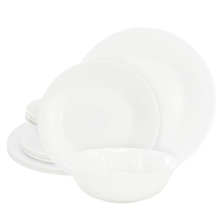 Gibson Ultra White Shadow 12 Piece Opal Glass Dinnerware Set in White